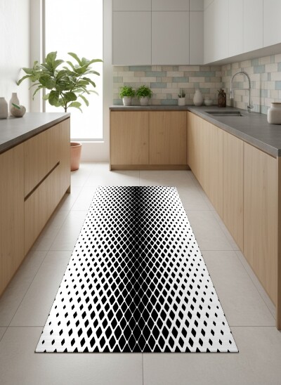 Siyah Beyaz Kareler Dekoratif Halı – Op-Art Elmas Optik İllüzyon Derin