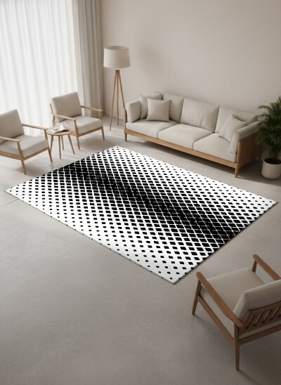 Siyah Beyaz Kareler Dekoratif Halı – Op-Art Elmas Optik İllüzyon Derin