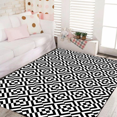 Siyah Beyaz Kareler Dekoratif Halı – Op-Art Elmas Optik İllüzyon Derin
