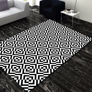 Siyah Beyaz Kareler Dekoratif Halı – Op-Art Elmas Optik İllüzyon Derin