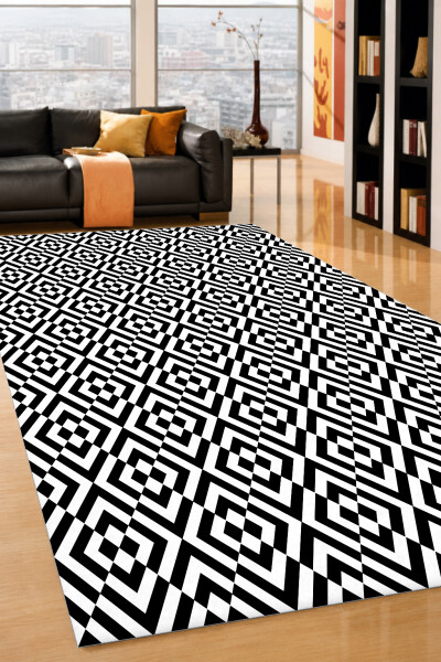 Siyah Beyaz Kareler Dekoratif Halı – Op-Art Elmas Optik İllüzyon Derin