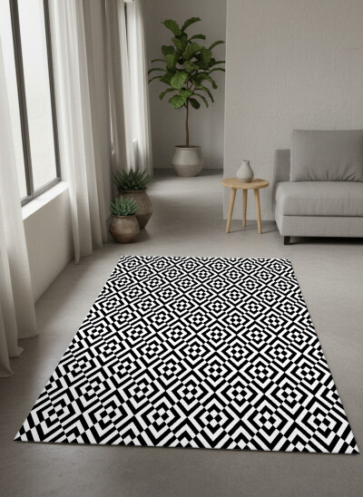 Siyah Beyaz Kareler Dekoratif Halı – Op-Art Elmas Optik İllüzyon Derin