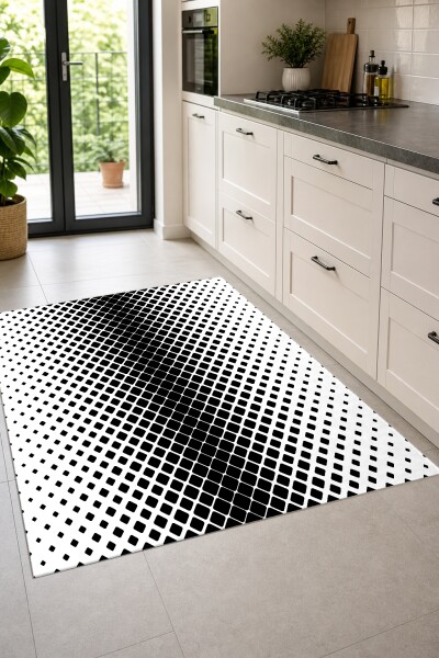 Siyah Beyaz Kareler Dekoratif Halı – Gradient Halftone 3D Optik Kabarma