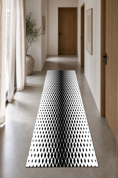 Siyah Beyaz Kareler Dekoratif Halı – Gradient Halftone 3D Optik Kabarma