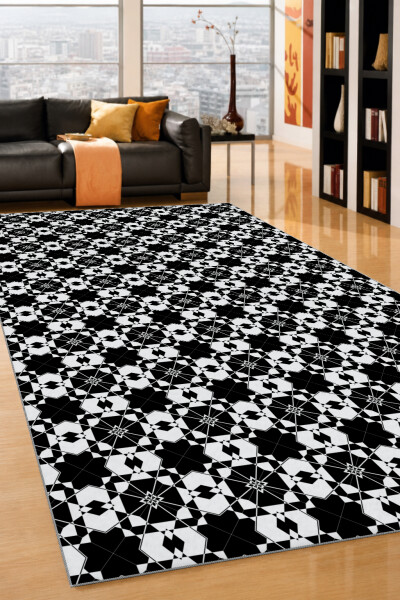 Siyah Beyaz Şekilli Dekoratif Halı – Kazayağı Sonsuz Geometrik Minimal