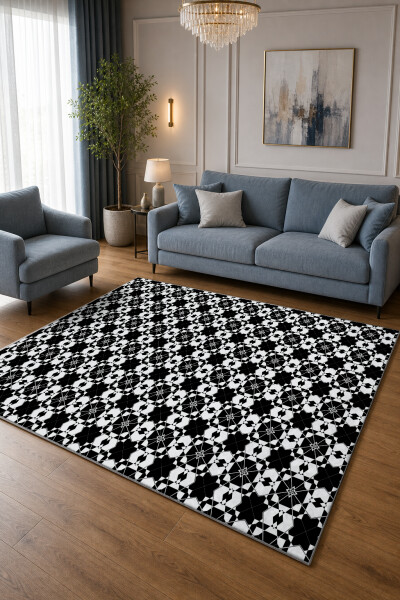 Siyah Beyaz Şekilli Dekoratif Halı – Kazayağı Sonsuz Geometrik Minimal