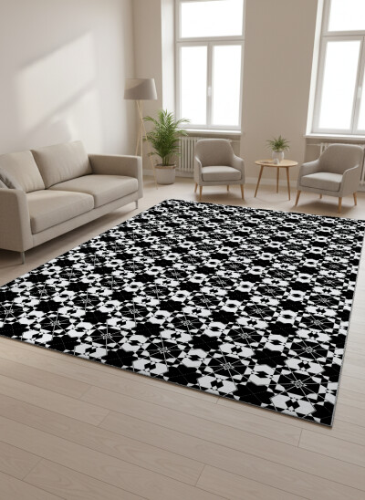 Siyah Beyaz Şekilli Dekoratif Halı – Kazayağı Sonsuz Geometrik Minimal