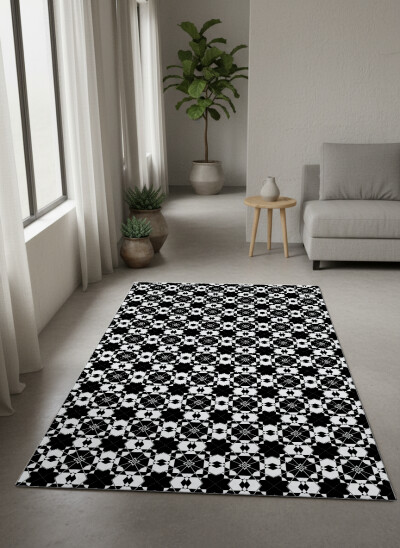 Siyah Beyaz Şekilli Dekoratif Halı – Kazayağı Sonsuz Geometrik Minimal