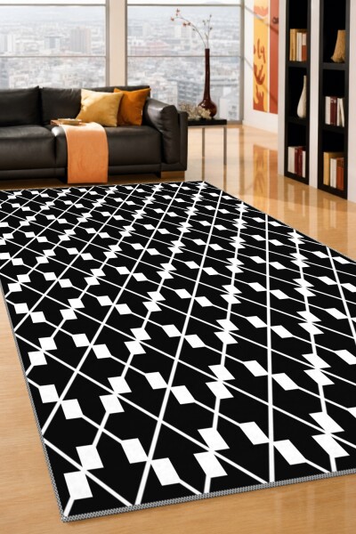 Siyah Beyaz Şekilli Dekoratif Halı – Kazayağı Sonsuz Geometrik Minimal