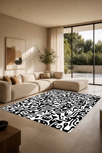 Siyah Beyaz Şekilli Dekoratif Halı – Kazayağı Sonsuz Geometrik Minimal