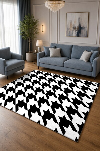 Siyah Beyaz Şekilli Dekoratif Halı – Kazayağı Sonsuz Geometrik Minimal