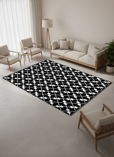 Siyah Beyaz Şekilli Dekoratif Halı – Kafes Izgara Minimal Lacivert Siyah