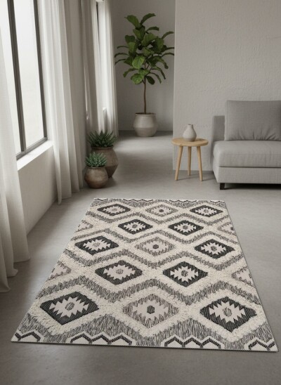 Siyah Beyaz Tribal Kilim Desenli Dekoratif Salon Halısı – Etnik Tüylü Doku