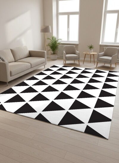 Siyah Beyaz Üçgen Dekoratif Halı – Geometrik Minimal Skandinav Modern