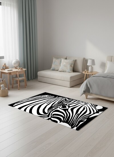 Siyah Beyaz Zebra Dekoratif Salon Halısı – Grafik Monokrom Doğa Güçlü