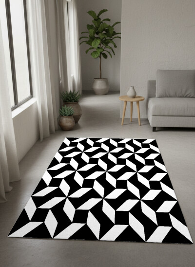 Siyah Zemin Beyaz Geometrik Yıldız Pinwheel Tekrarlı Modern Halı