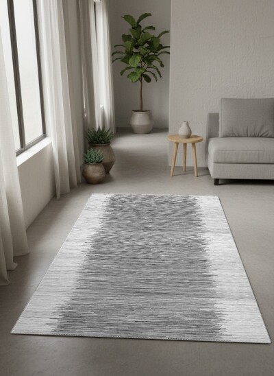Soyut Dikey Çizgili Minimalist Dekoratif Salon Halısı – Gri Beyaz