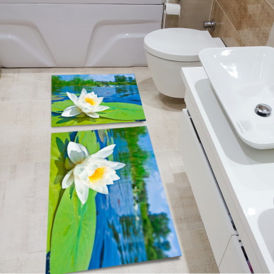 Su Üzerinde Nilüfer Çiçeği İkili Banyo Paspas Seti – Beyaz Lotus Yeşil Gölet Huzur