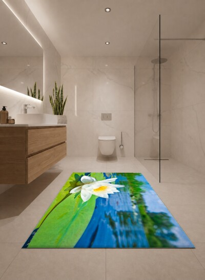 Su Üzerinde Nilüfer Çiçeği İkili Banyo Paspas Seti – Beyaz Lotus Yeşil Gölet Huzur