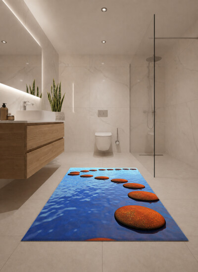Su Üzerindeki Taşlar İkili Banyo Paspas Seti – Kırmızı Taş Mavi Su Zen Yol