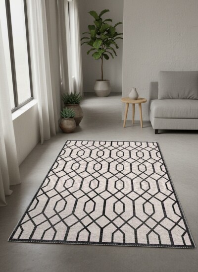 Trellis Kafes Örgü Geometrik Desenli Dekoratif Salon Halısı – Krem Siyah