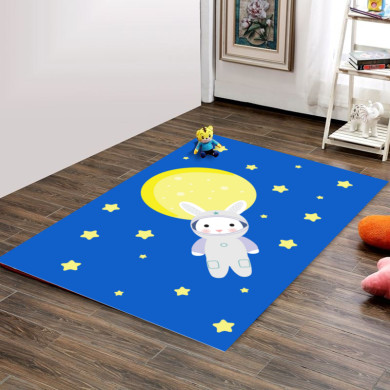 Uzaylı Tavşan Astronot Kız Çocuk Odası Halısı – Mavi Sarı Uzay Kawaii