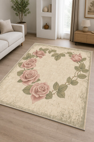 Vintage Gül Çelengi Dekoratif Salon Halısı – Krem Pembe Romantik