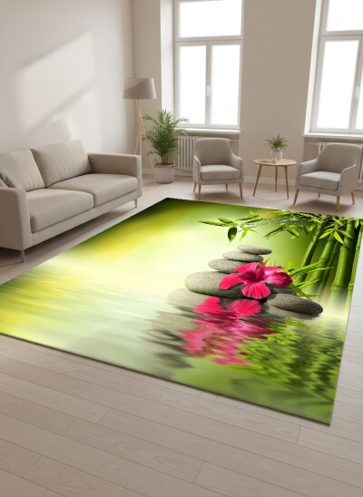 Yeşil Bambu Zen Taşlar Hibiskus Dekoratif Halı – Huzur Doğa Spa
