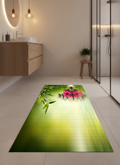 Yeşil Bambu Zen Taşlar Hibiskus Dekoratif Halı – Huzur Doğa Spa